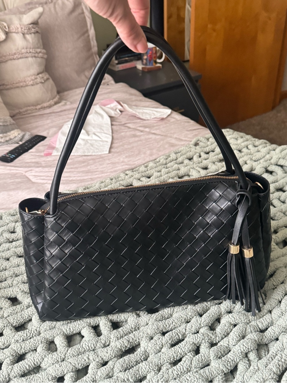 Ello Black Woven Tote w/ Tassel Charms & Crossbody Strap — EUC - Picture 3 of 15